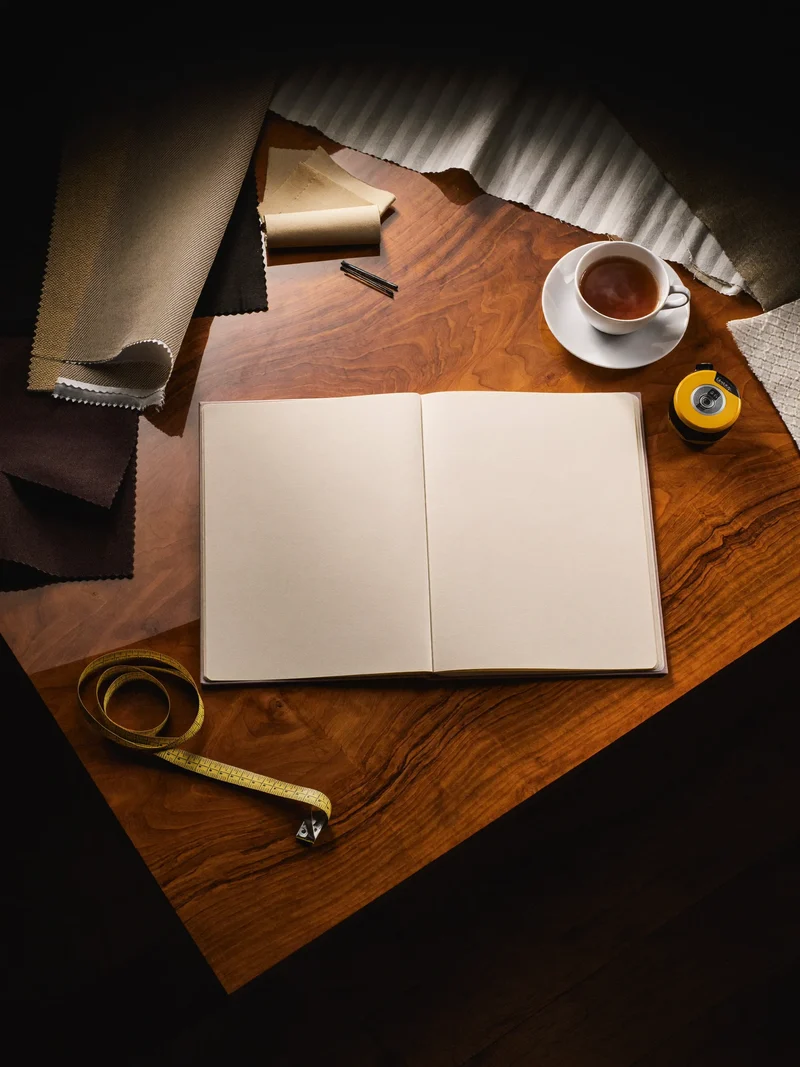 Arbeitsplatz mit Skizzenbuch, Stoffmustern, Maßband und einer Tasse Tee